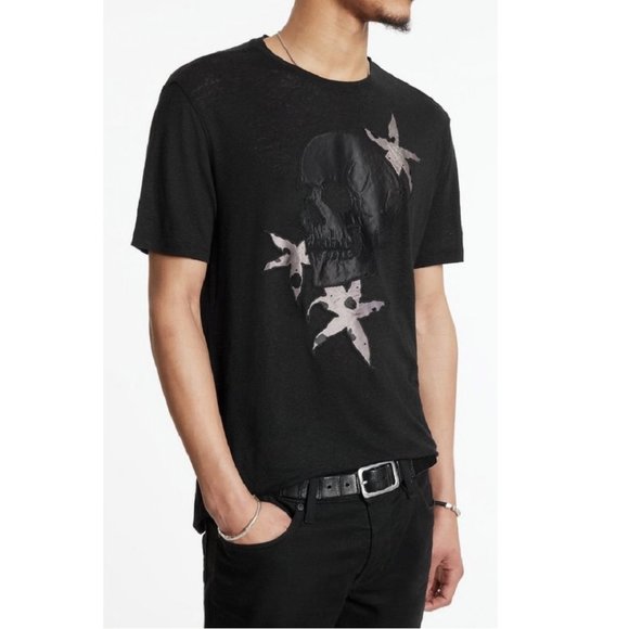 John Varvatos Men's Applique Skull Floral Graphic Linen Blend T-Shirt Black 2XL